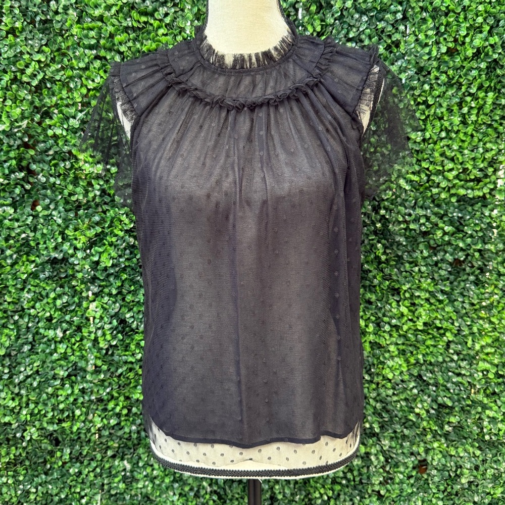 Chelsea38 Black Sheet Polka Dot Elegant Lace Top